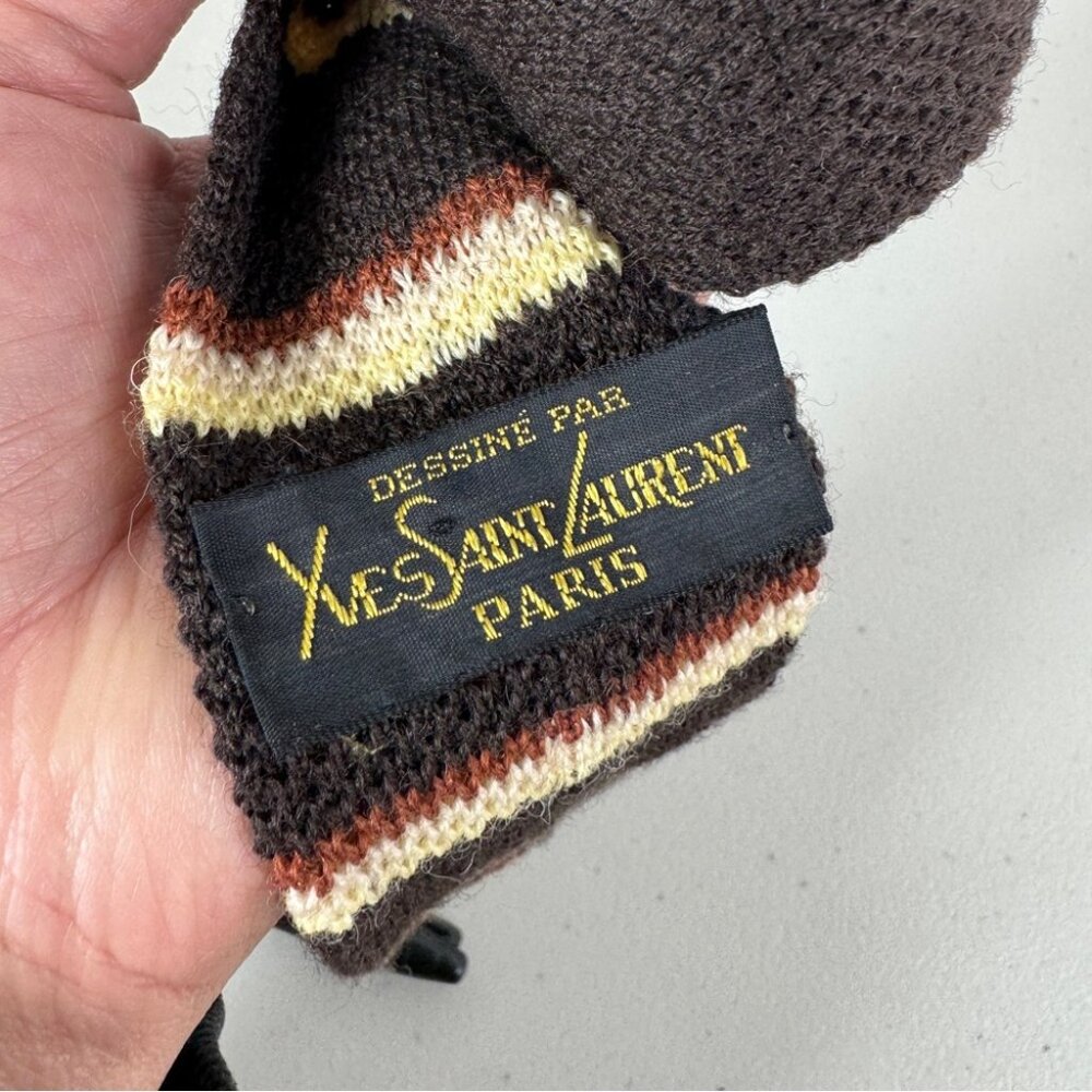 Vintage Yves Saint Laurent Paris Square Tip Knit Tie Brown Striped Necktie - Picture 8 of 15